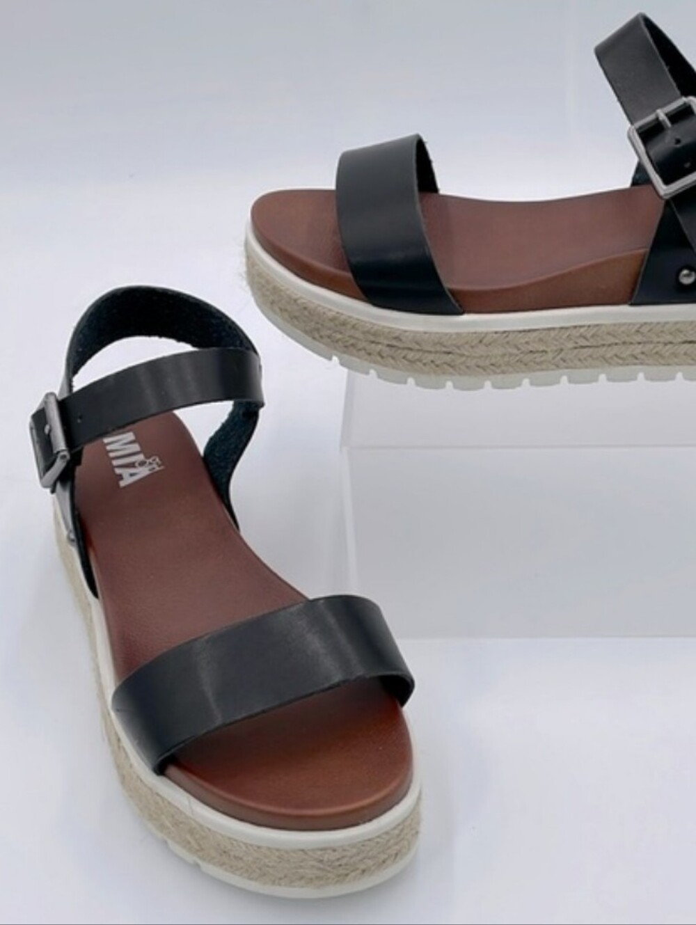 MIA Black Leather Jute Platform Sandals